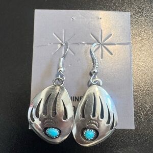 Ervin Begay Navajo Sterling Silver Bear Paw Dangle Earrings. Kingman Turquoise